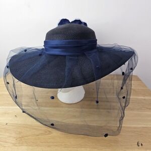 Joe Bill Miller Straw Hat Navy Blue Floral Kentucky Derby Church Polka Dot Veil